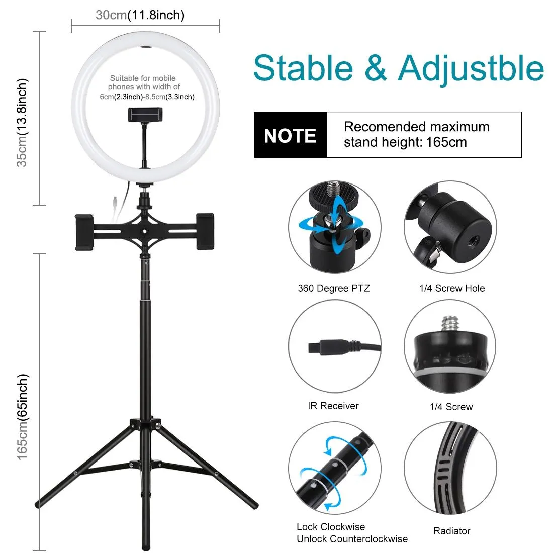 11.8 Rgbw Led Ring Light Kit with Mount Dual Phone Brackets and Remote Control