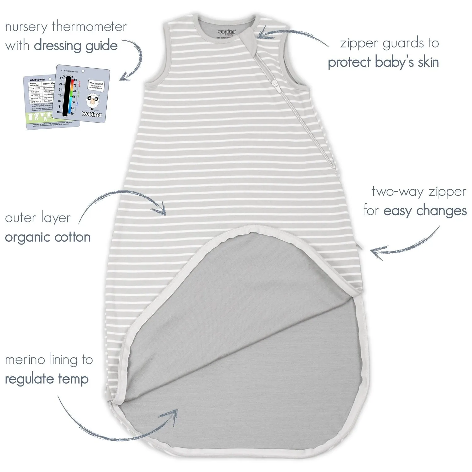 4 Season Basic Baby Sleeping Bag, Merino Wool & Organic Cotton, Earth