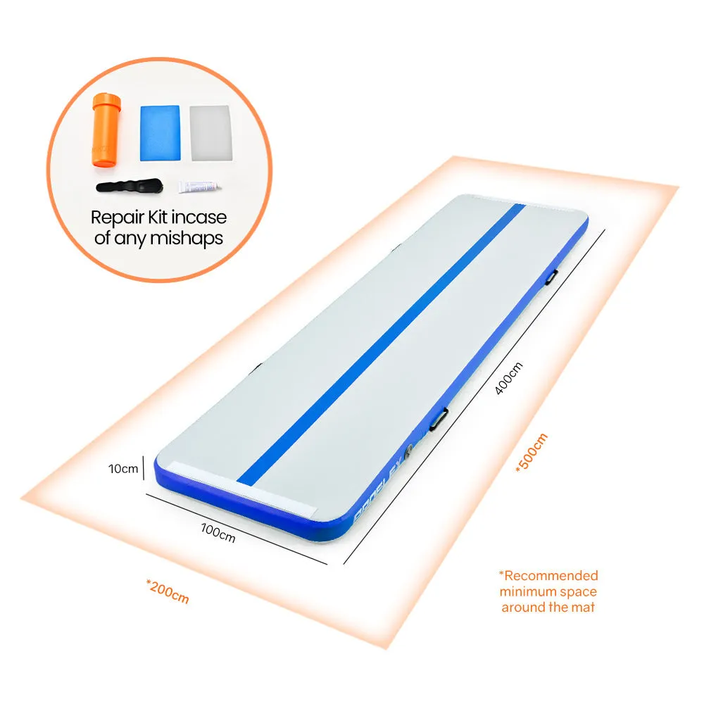 400x100x10cm Inflatable Air Track Mat | Tumbling Gymnastics | Blue & White | with Electric Pump