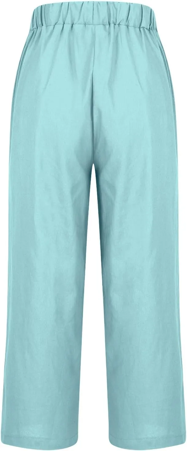 Women Plus Size Casual Pants Summer Cotton Linen Loose Fit Wide Leg Straight Trousers Lightweight Pant with Pockets