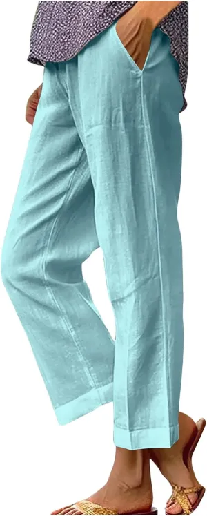 Women Plus Size Casual Pants Summer Cotton Linen Loose Fit Wide Leg Straight Trousers Lightweight Pant with Pockets