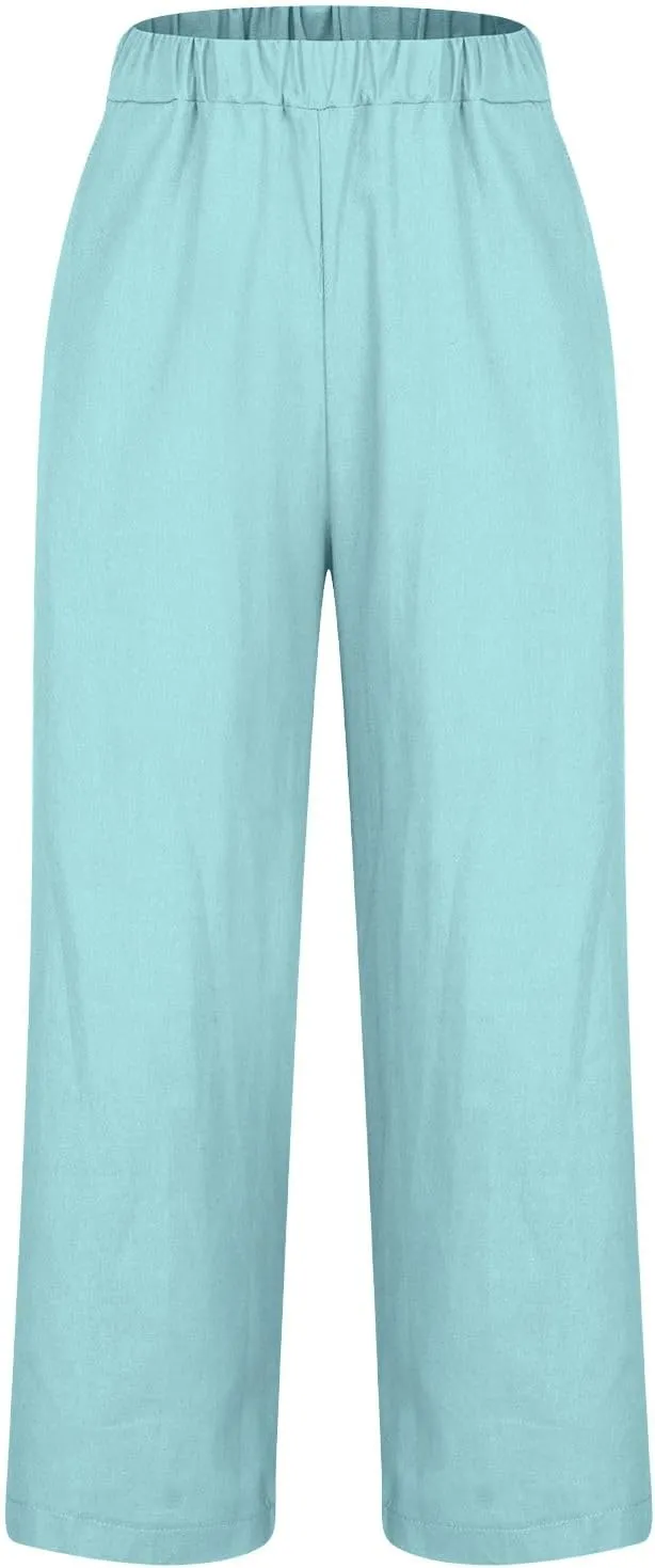 Women Plus Size Casual Pants Summer Cotton Linen Loose Fit Wide Leg Straight Trousers Lightweight Pant with Pockets