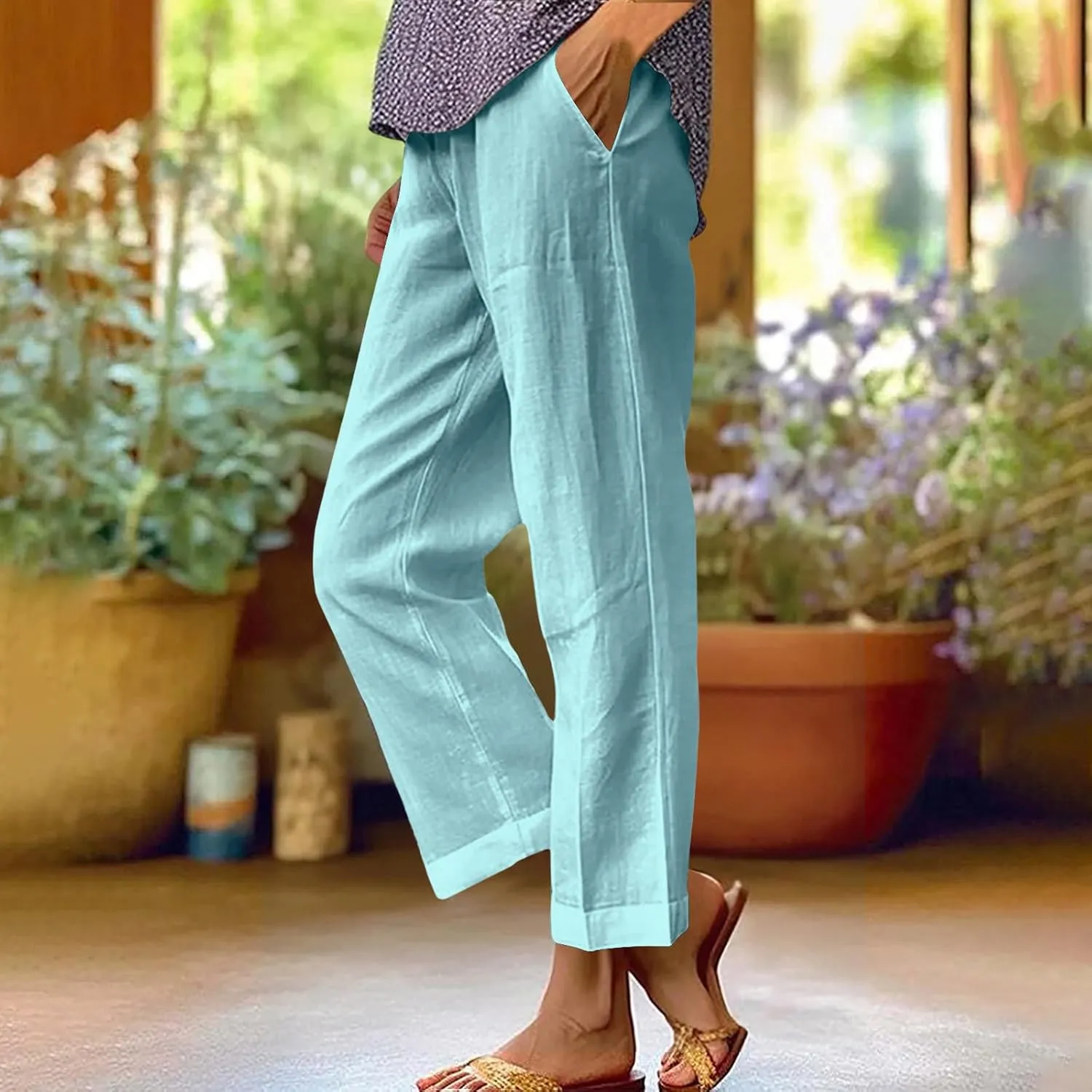 Women Plus Size Casual Pants Summer Cotton Linen Loose Fit Wide Leg Straight Trousers Lightweight Pant with Pockets
