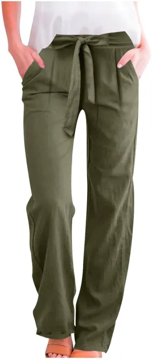 Women's Summer Palazzo Pants - Linen Wide Leg Pants for Women with Pockets Drawstring Casual Vacation Outfits