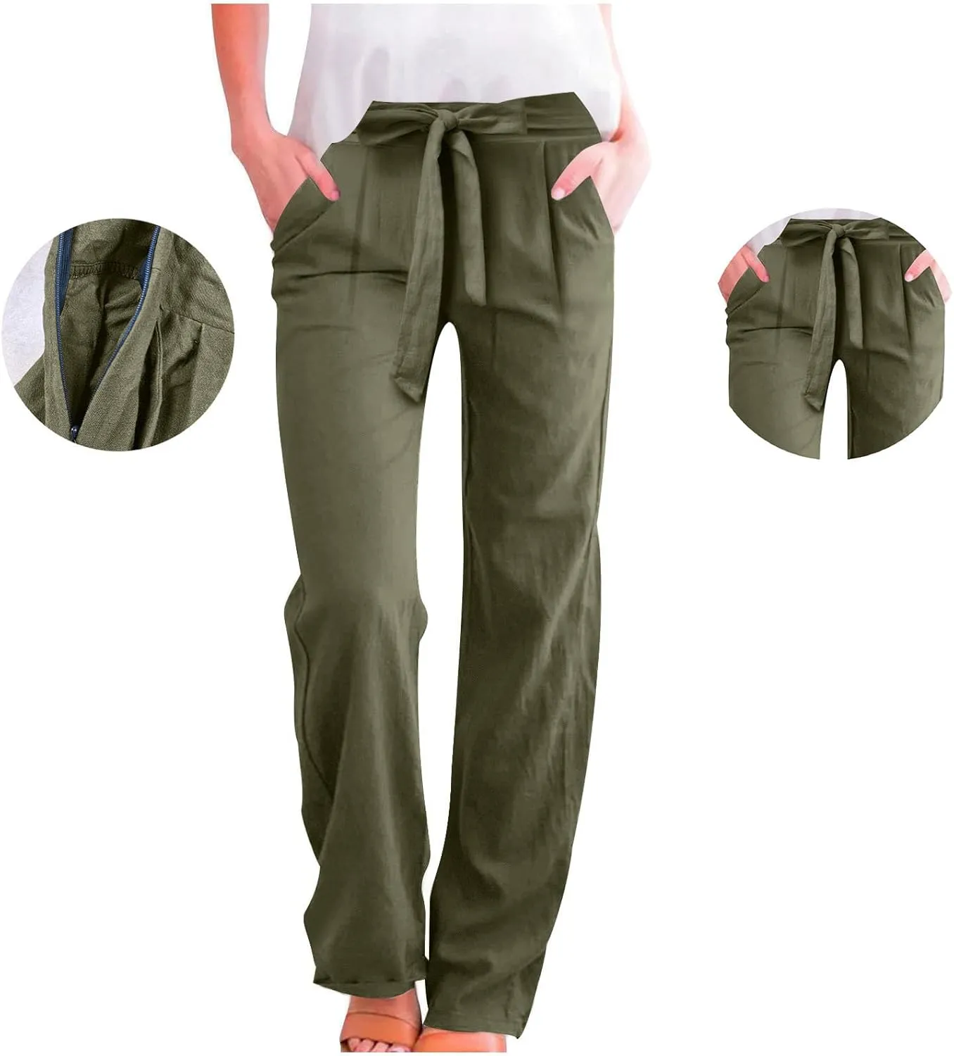 Women's Summer Palazzo Pants - Linen Wide Leg Pants for Women with Pockets Drawstring Casual Vacation Outfits