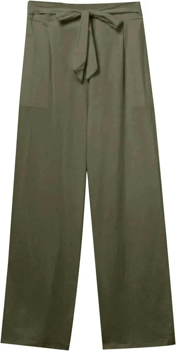 Women's Summer Palazzo Pants - Linen Wide Leg Pants for Women with Pockets Drawstring Casual Vacation Outfits