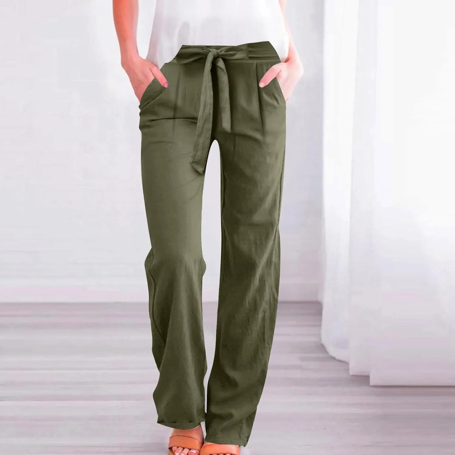 Women's Summer Palazzo Pants - Linen Wide Leg Pants for Women with Pockets Drawstring Casual Vacation Outfits