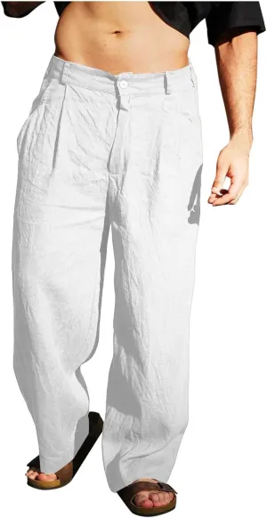 Xiaojmake Linen Pants for Men Casual Loose Fit Elastic Drawstring Waist Baggy Trousers Summer Straight Beach Pant Lightweight