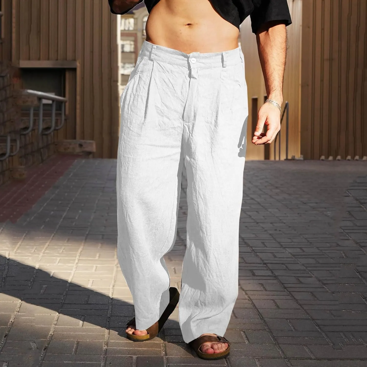 Xiaojmake Linen Pants for Men Casual Loose Fit Elastic Drawstring Waist Baggy Trousers Summer Straight Beach Pant Lightweight